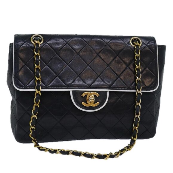 CHANEL Matelasse Turn Lock Chain Bag Lamb Skin Black White - Picture 1 of 16